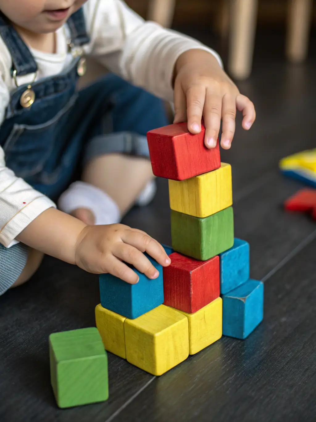 A close-up shot of a strategist's hands meticulously arranging building blocks, each representing a different facet of a business strategy, symbolising the structured approach of trickio's methodology.