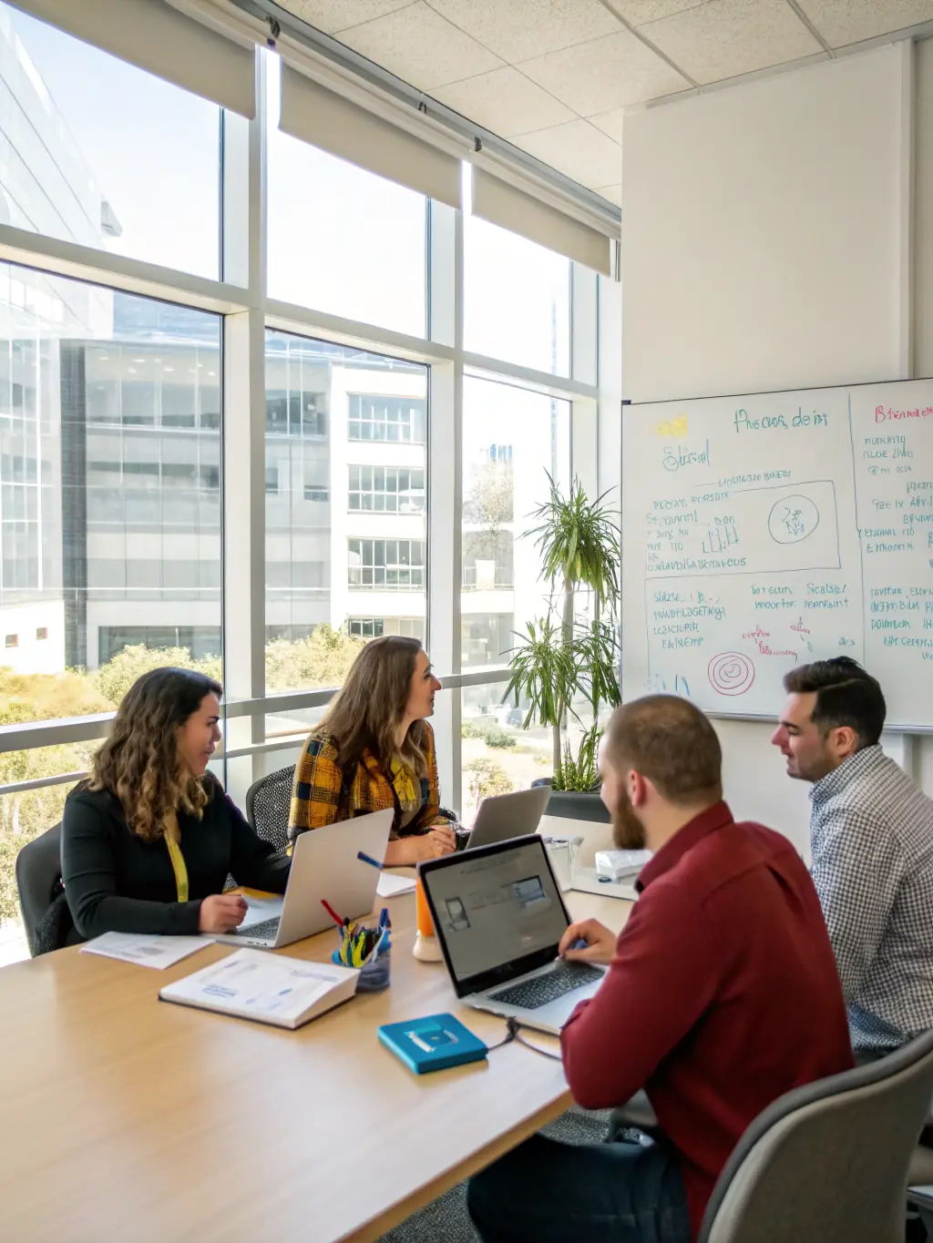 A dynamic image of a business team collaborating around a table, brainstorming ideas and developing innovative solutions, reflecting the transformative impact of trickio's coaching.